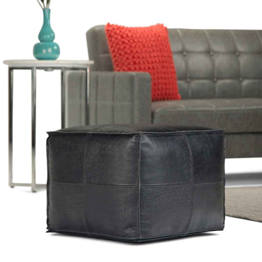 18" Black Leather Pouf Ottoman