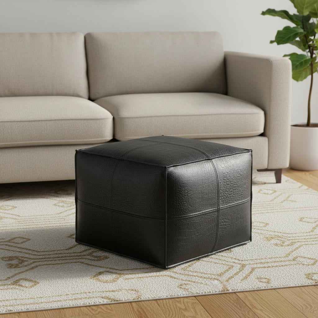 18" Black Leather Pouf Ottoman