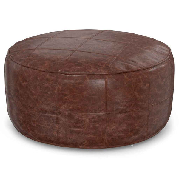 34" Brown Leather Round Pouf Ottoman