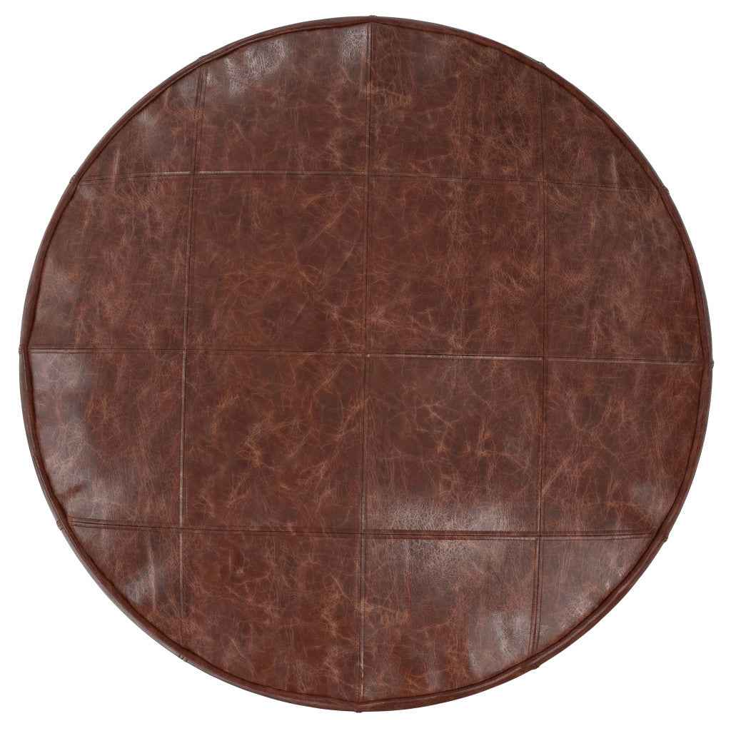 34" Brown Leather Round Pouf Ottoman