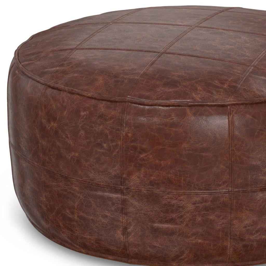 34" Brown Leather Round Pouf Ottoman