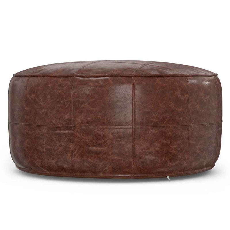 34" Brown Leather Round Pouf Ottoman