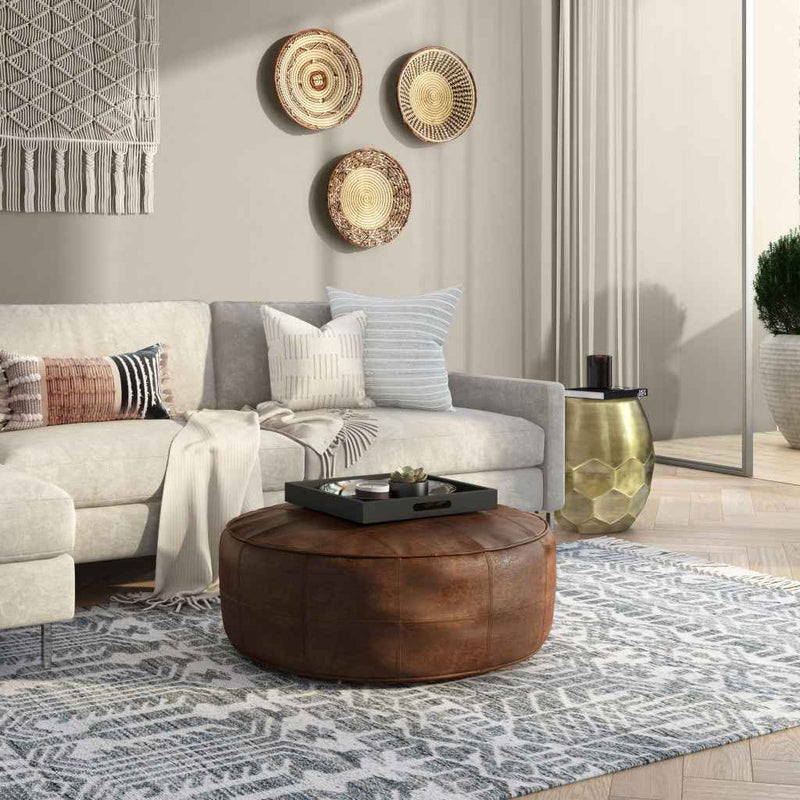 34" Brown Leather Round Pouf Ottoman