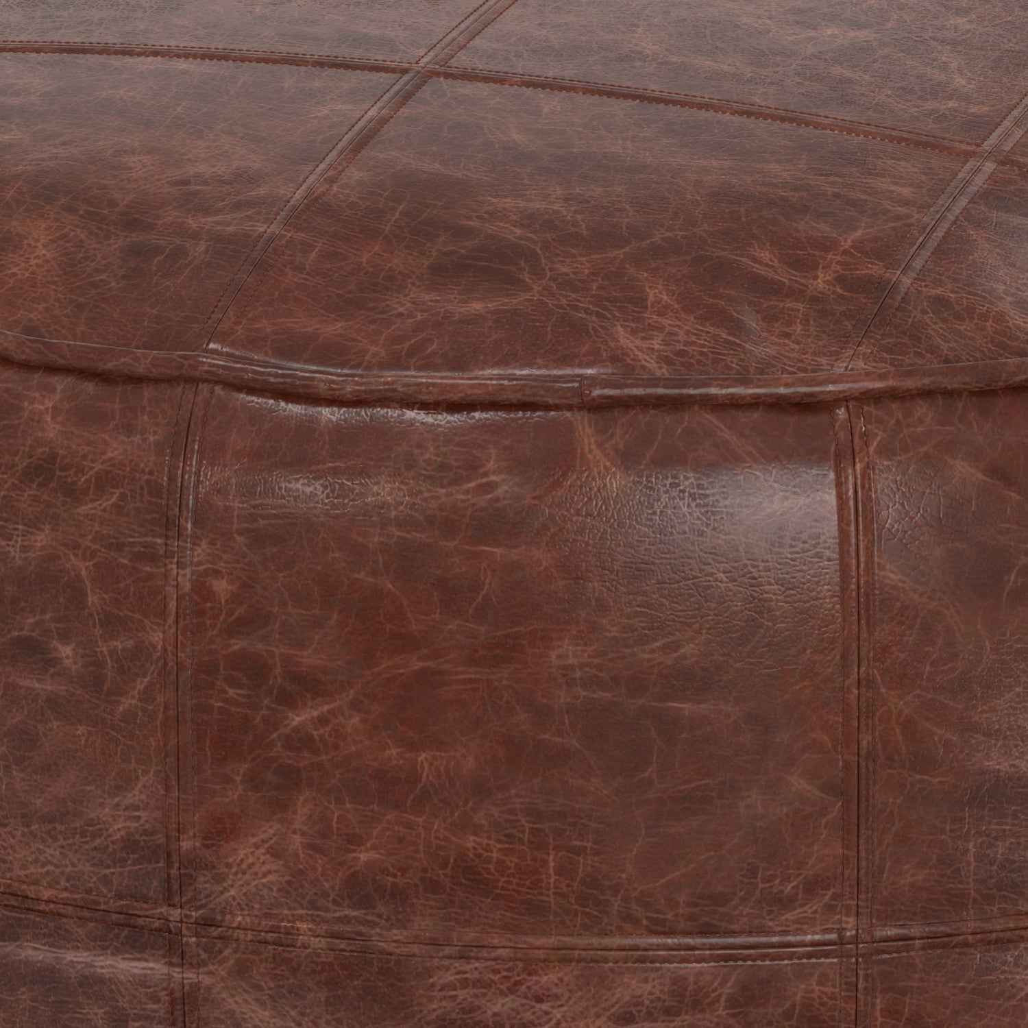 34" Brown Leather Round Pouf Ottoman