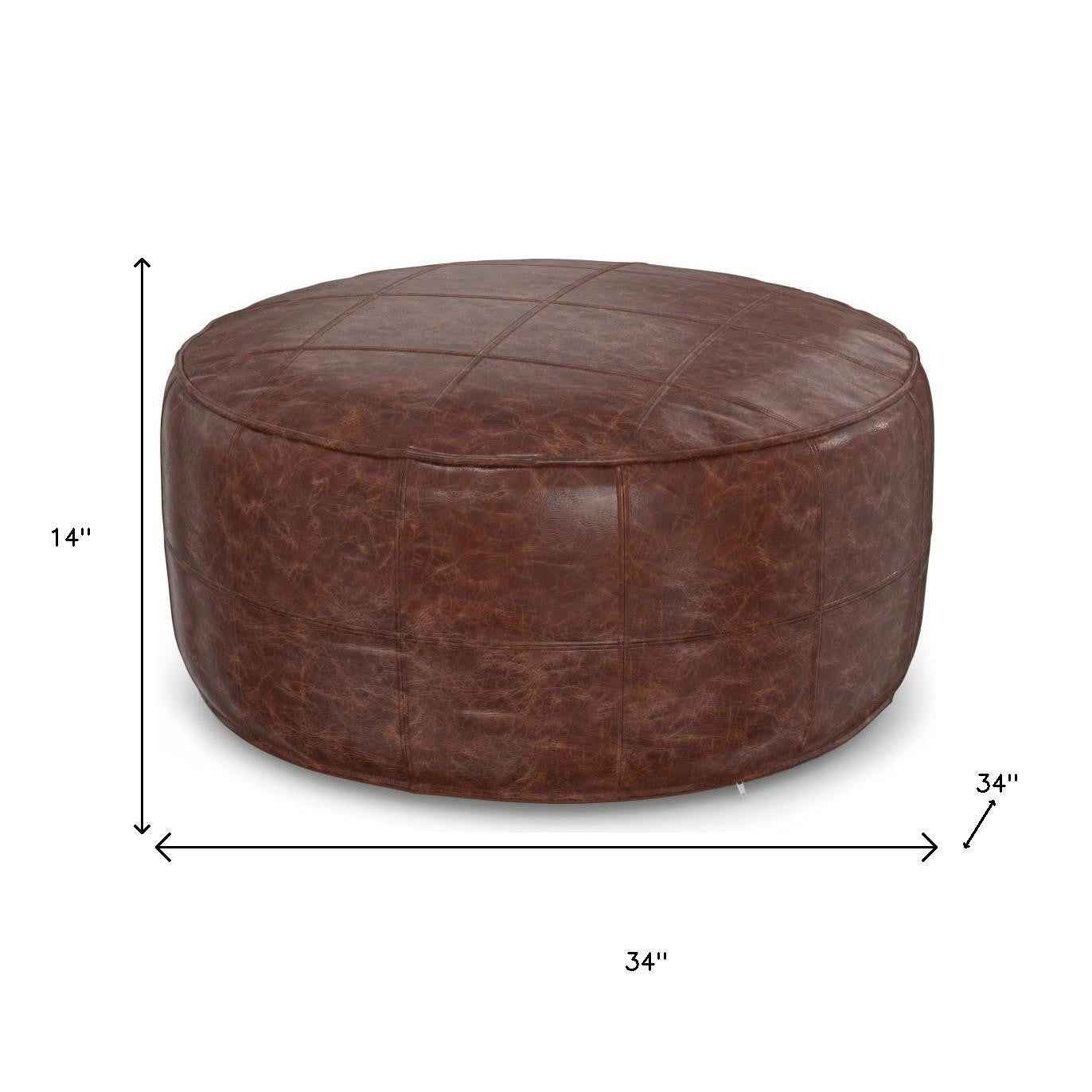 34" Brown Leather Round Pouf Ottoman