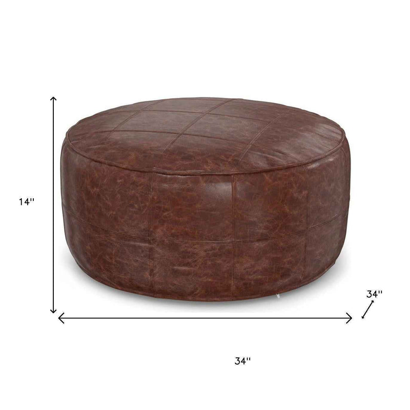 34" Brown Leather Round Pouf Ottoman