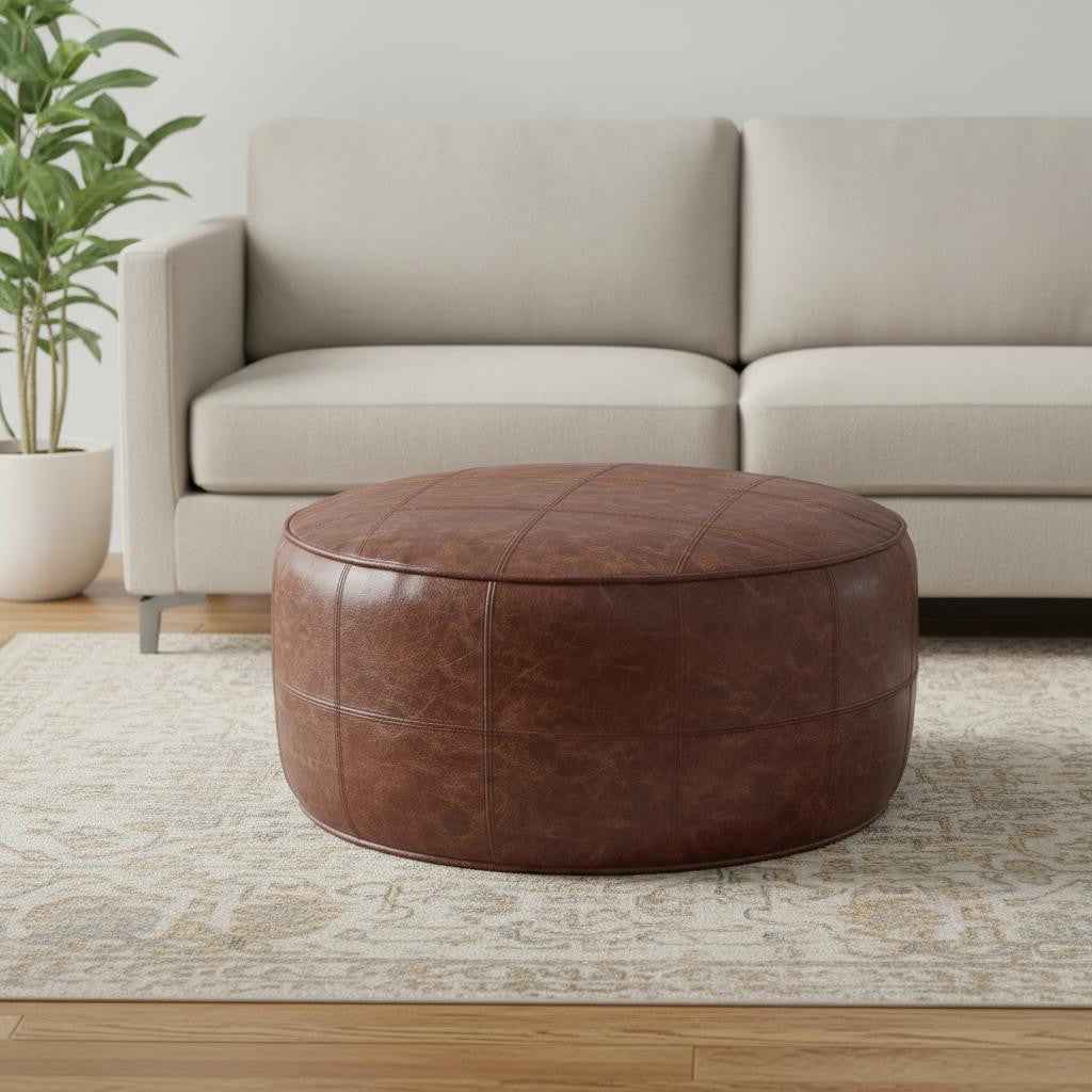 34" Brown Leather Round Pouf Ottoman
