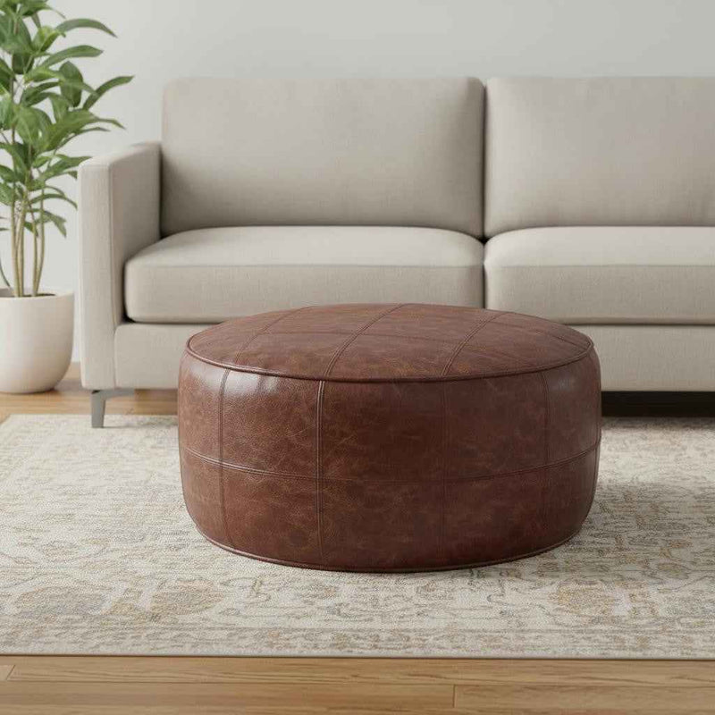 34" Brown Leather Round Pouf Ottoman