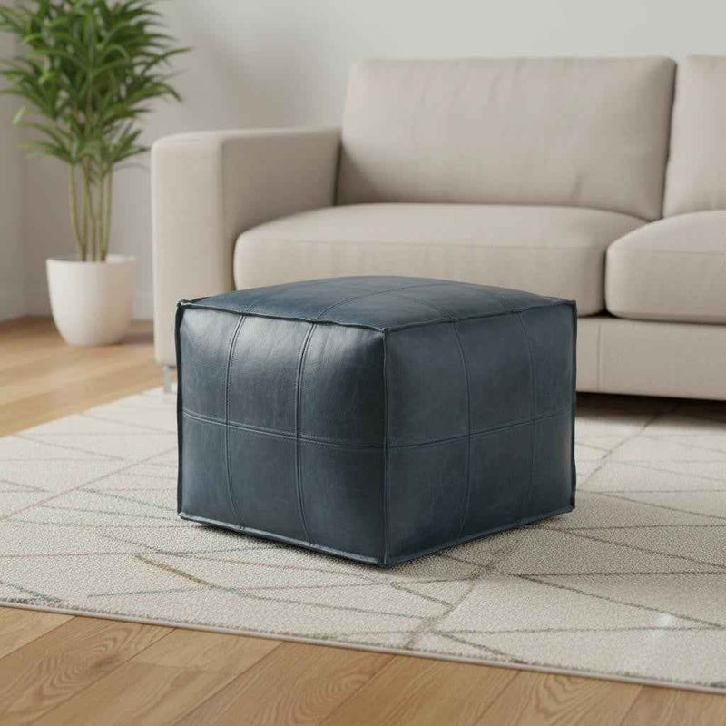 18" Blue Leather Pouf Ottoman
