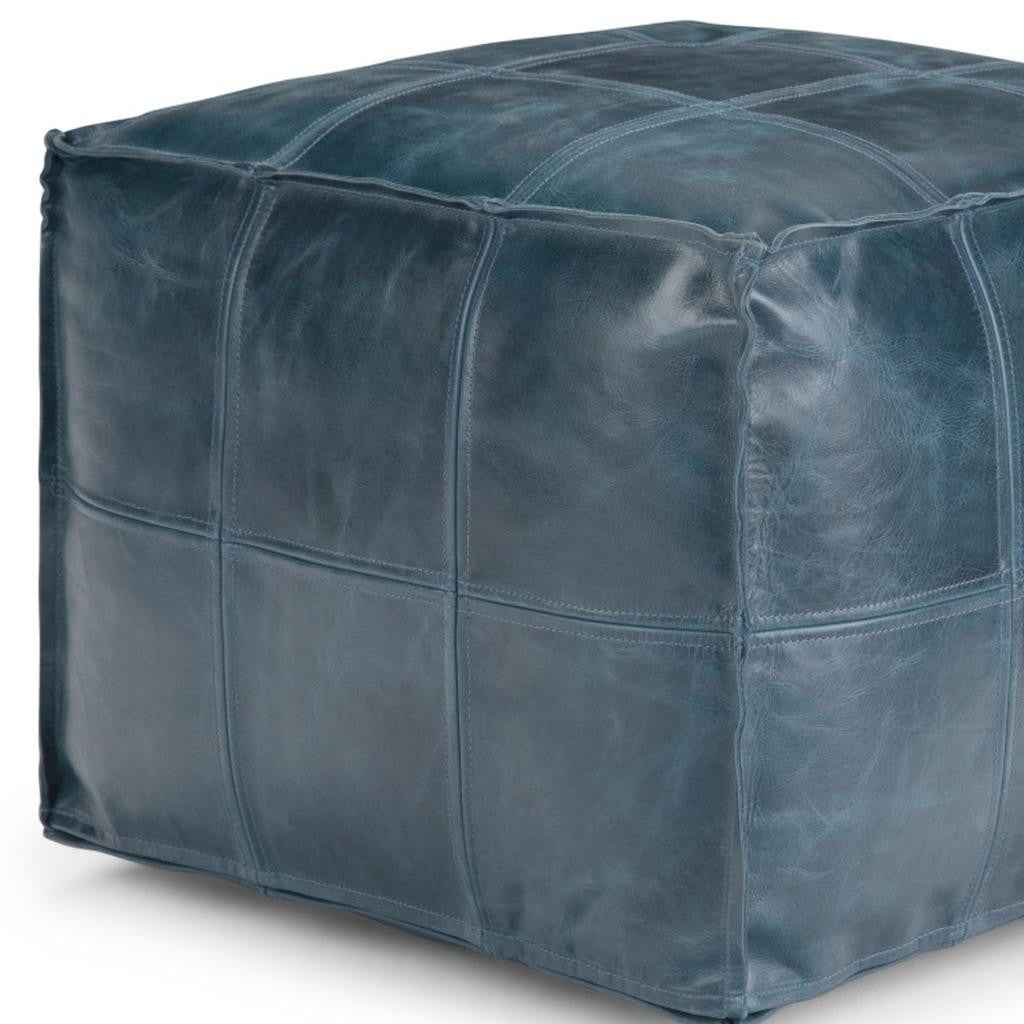 18" Blue Leather Pouf Ottoman