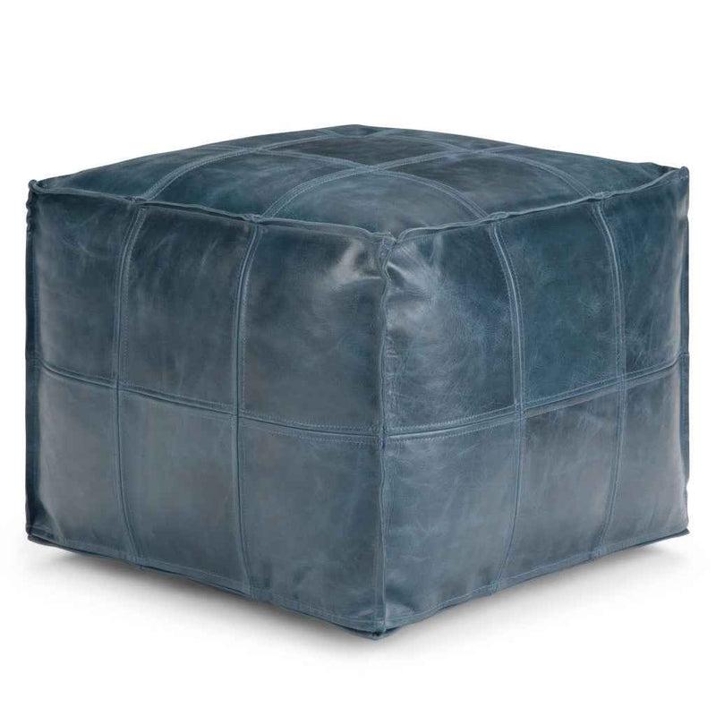 18" Blue Leather Pouf Ottoman