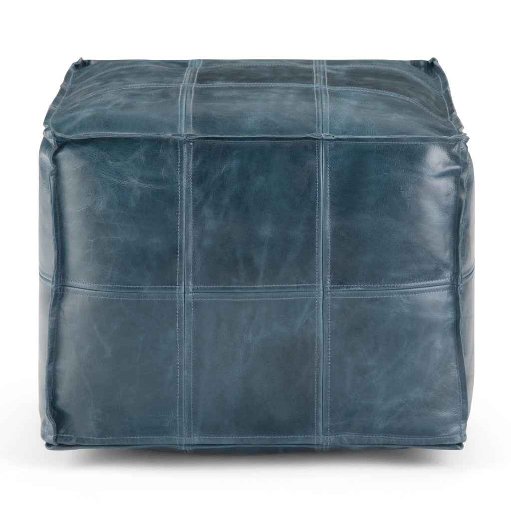 18" Blue Leather Pouf Ottoman