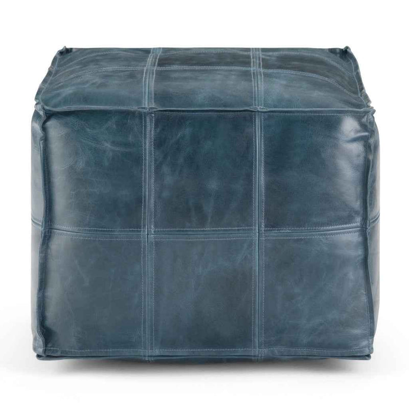 18" Blue Leather Pouf Ottoman