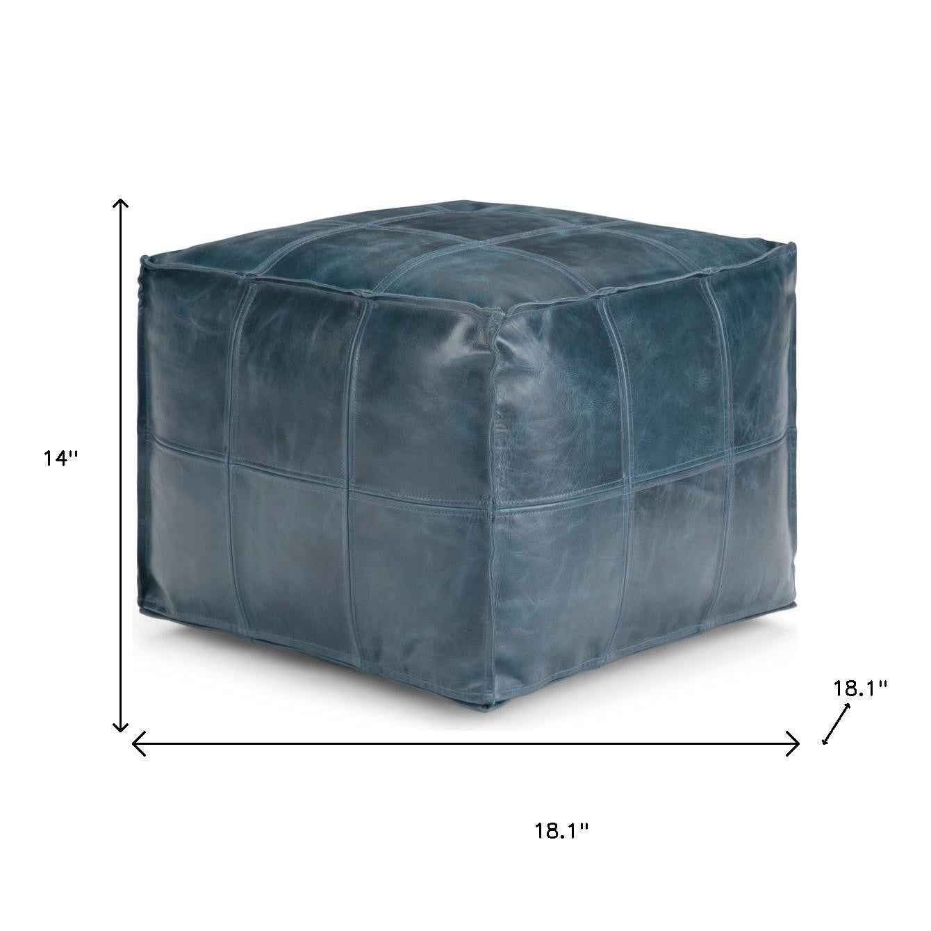 18" Blue Leather Pouf Ottoman