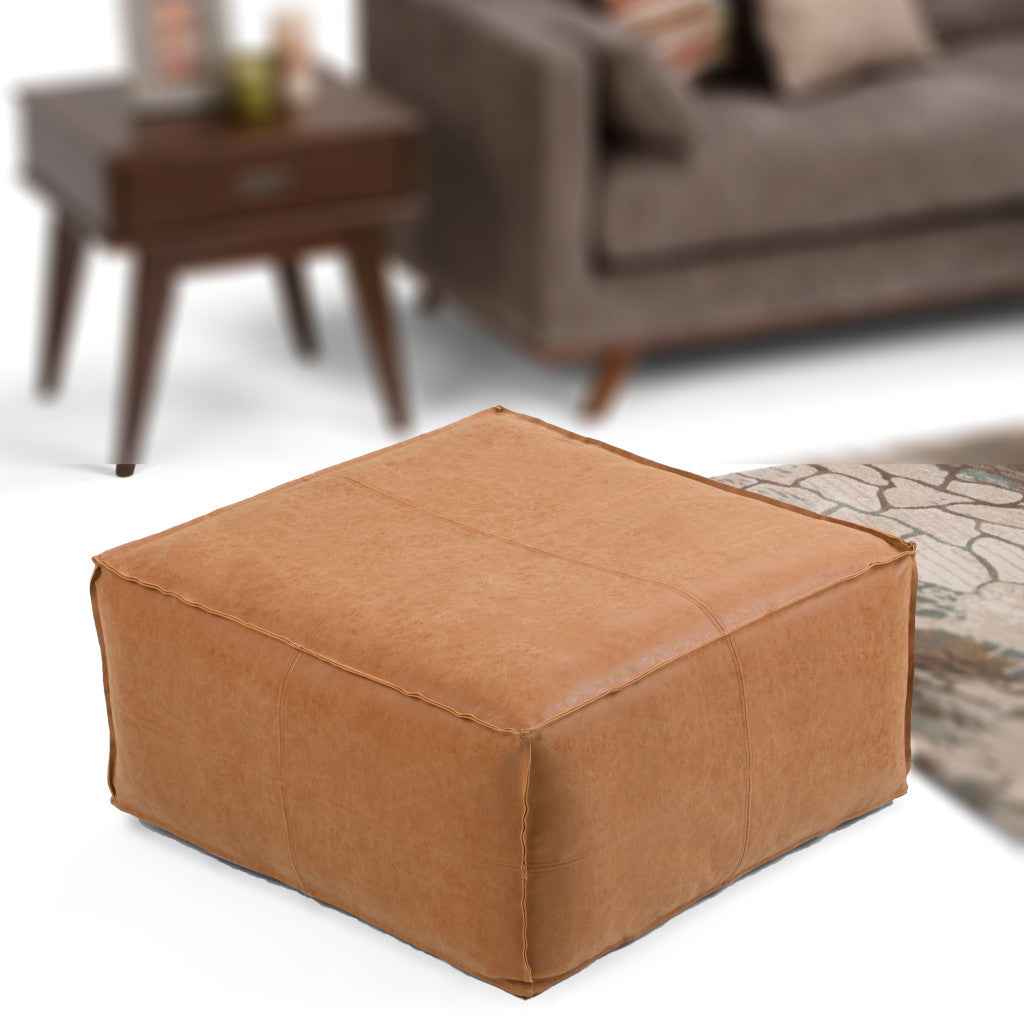 30" Brown Faux Leather Pouf Ottoman
