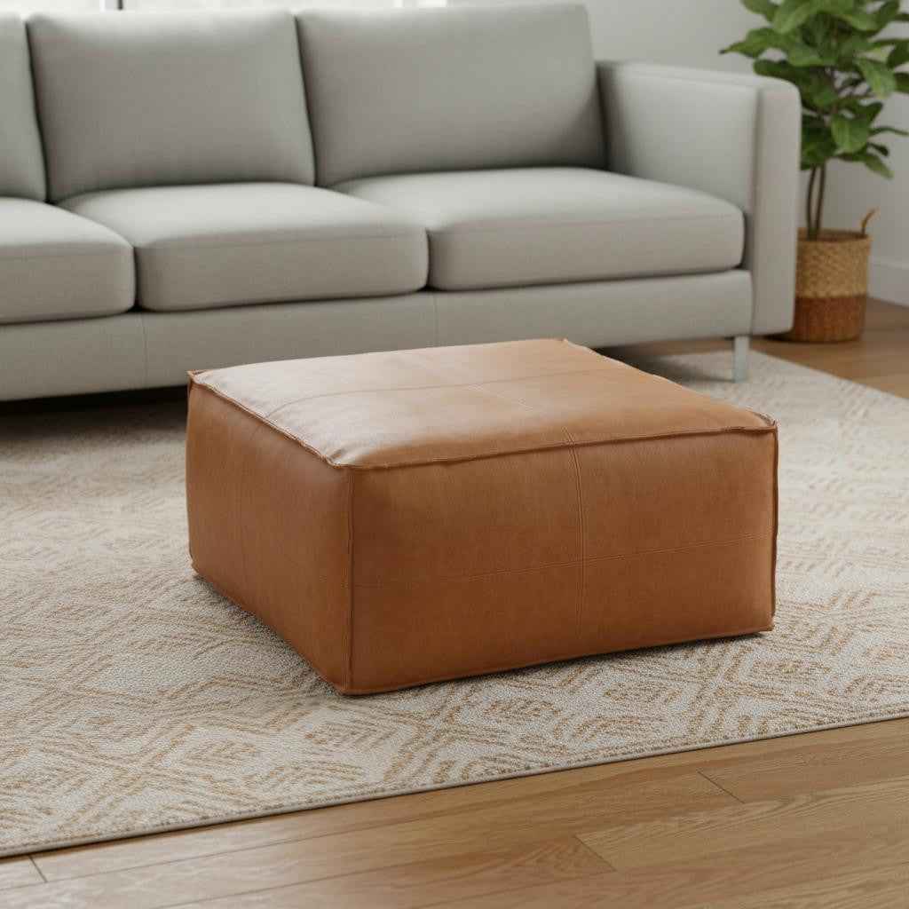 30" Brown Faux Leather Pouf Ottoman