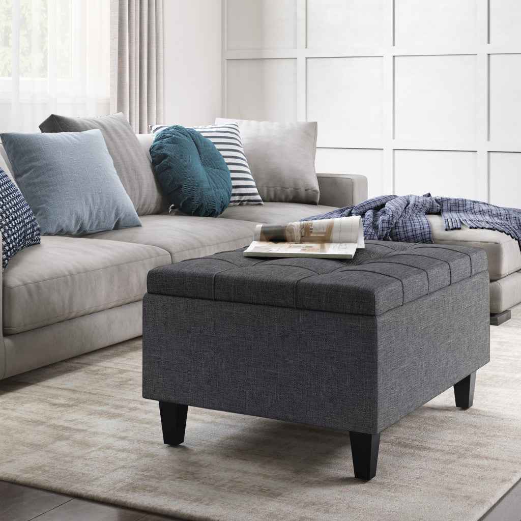 34" Gray and Dark Brown Linen Cocktail Ottoman With Storage