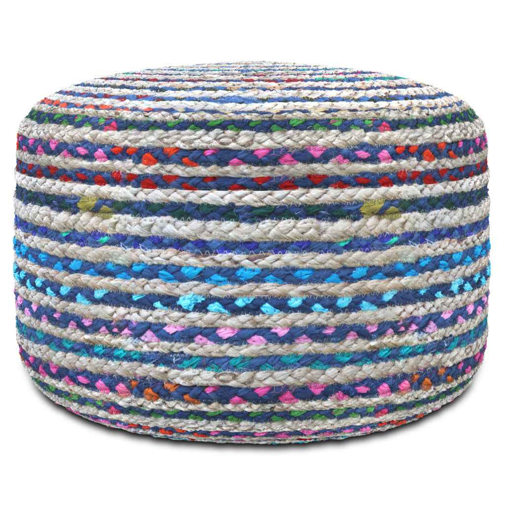 20" Blue Jute Round Pouf Ottoman