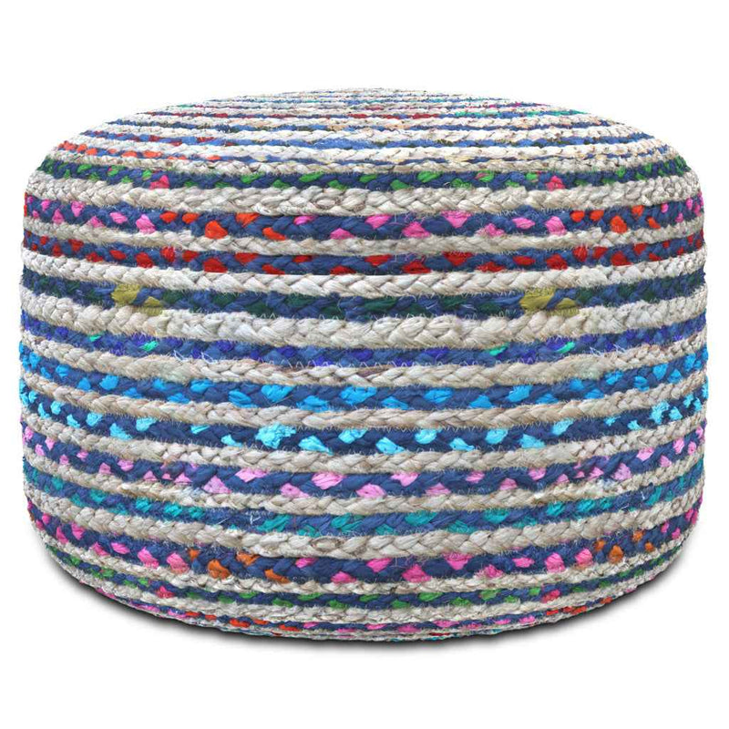 20" Blue Jute Round Pouf Ottoman