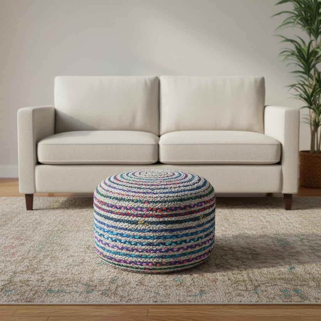 20" Blue Jute Round Pouf Ottoman