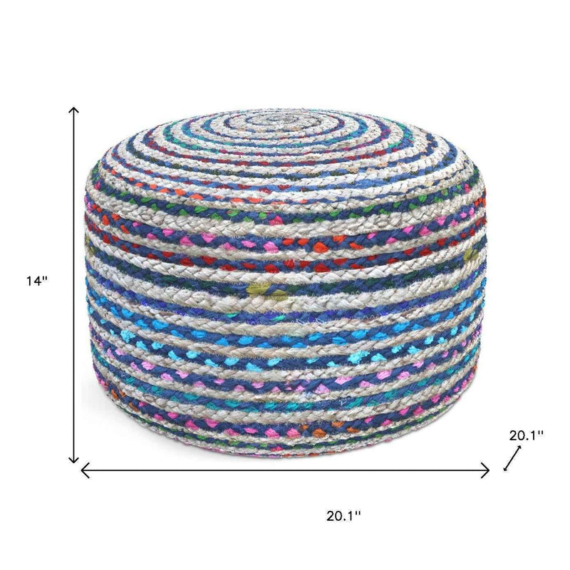 20" Blue Jute Round Pouf Ottoman