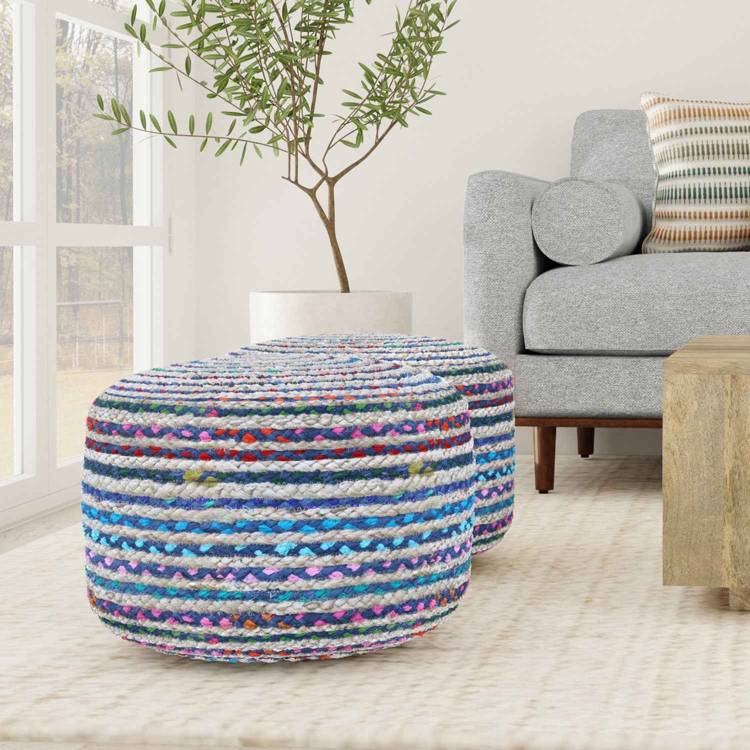 20" Blue Jute Round Pouf Ottoman