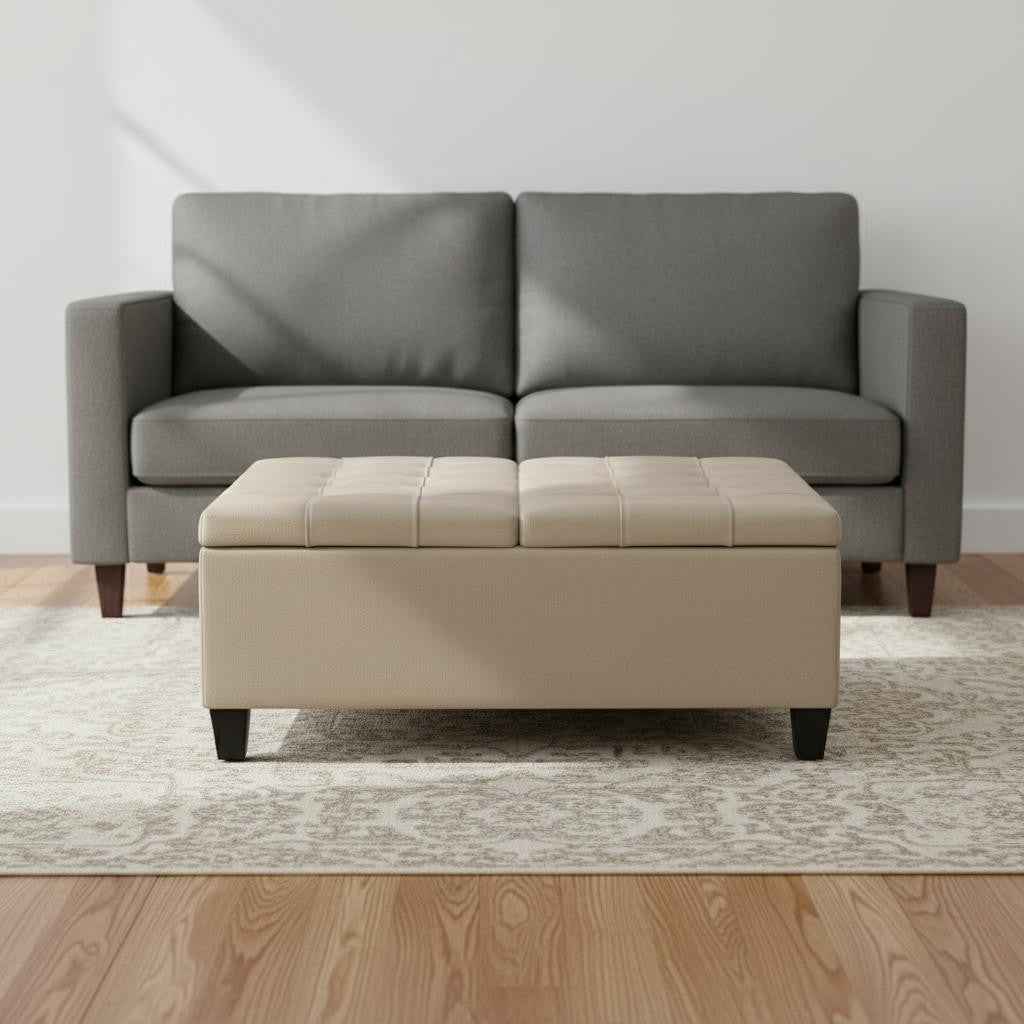 36" Cream and Espresso Leather Cocktail Ottoman With Storage