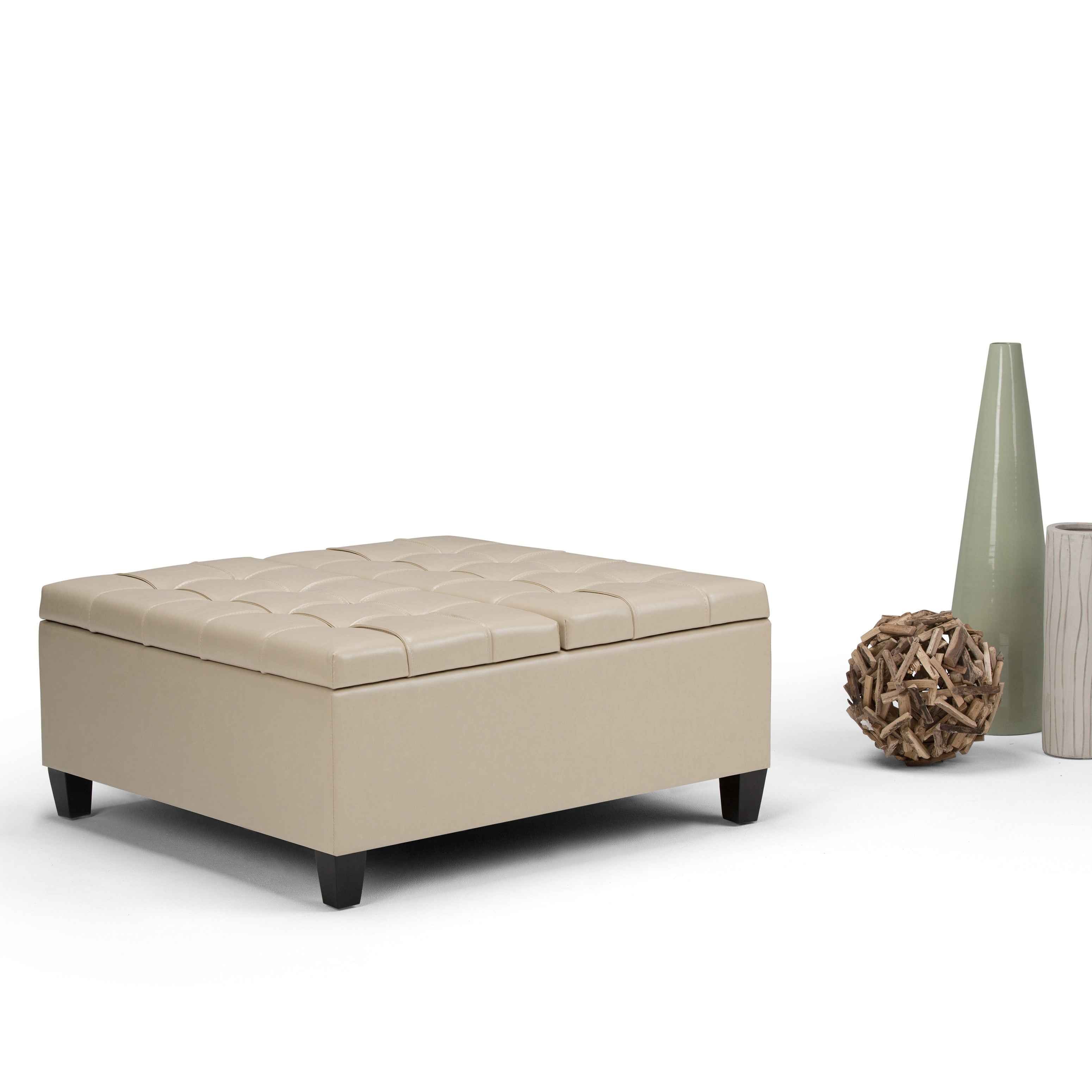 36" Cream and Espresso Leather Cocktail Ottoman With Storage