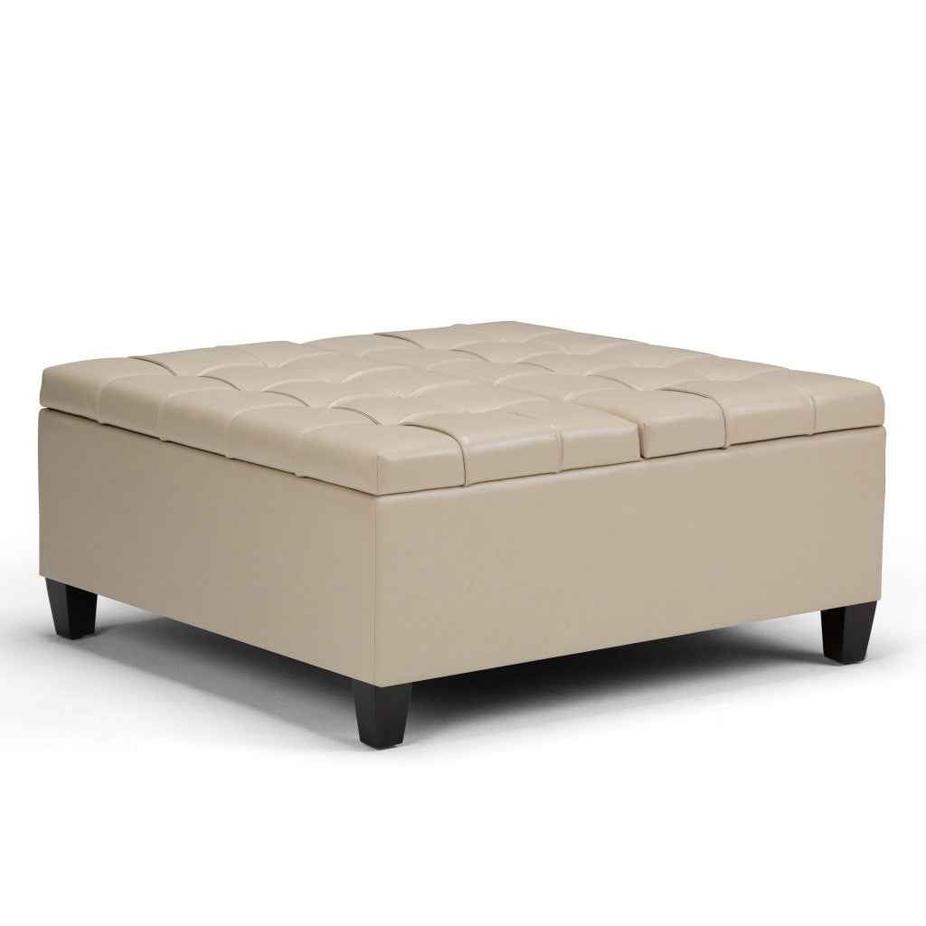 36" Cream and Espresso Leather Cocktail Ottoman With Storage
