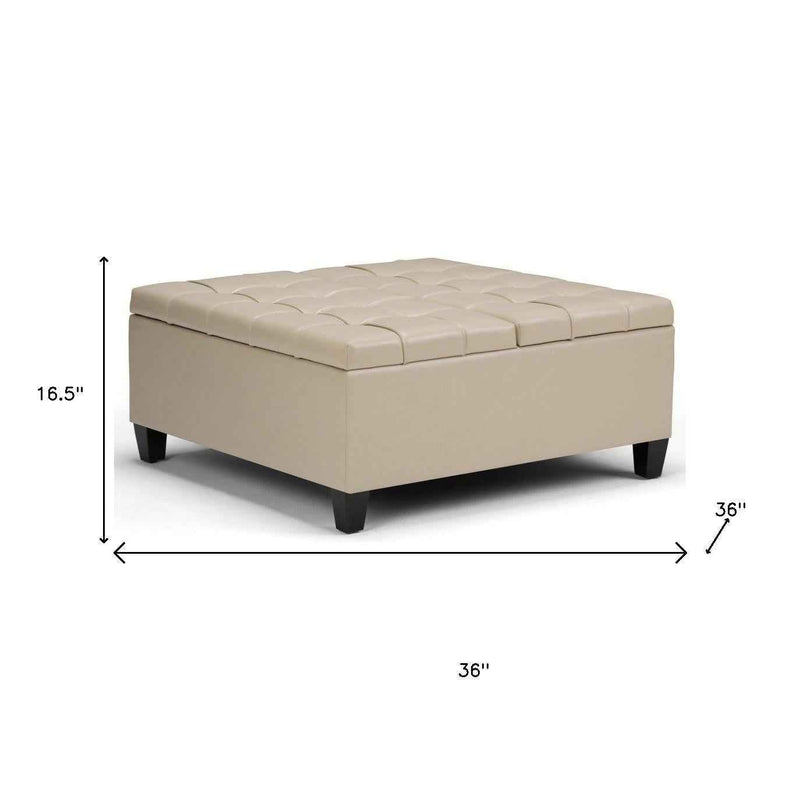 36" Cream and Espresso Leather Cocktail Ottoman With Storage