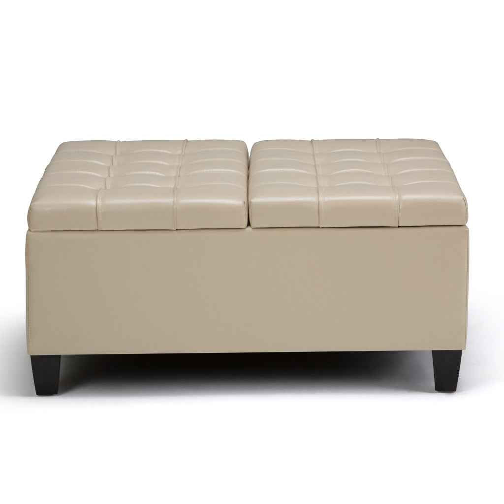 36" Cream and Espresso Leather Cocktail Ottoman With Storage