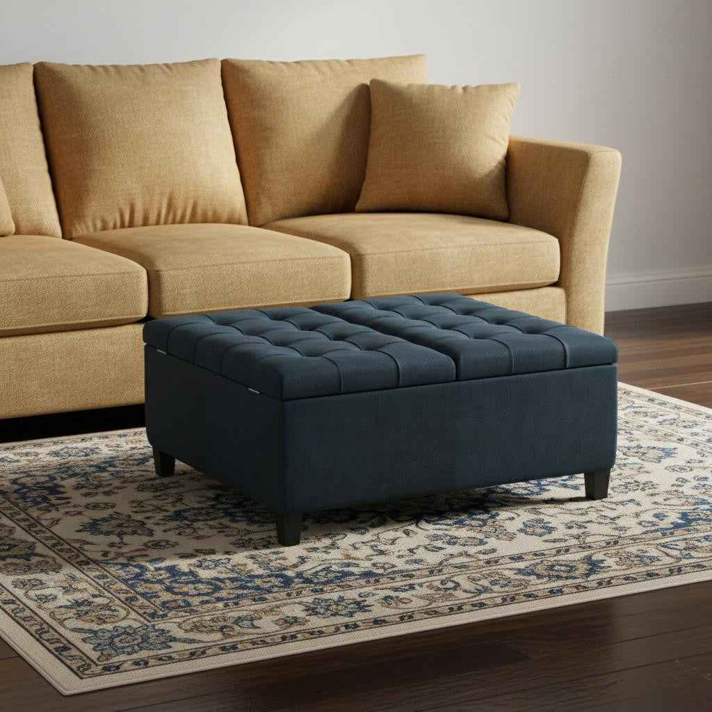 36" Blue and Espresso Leather Cocktail Ottoman With Storage