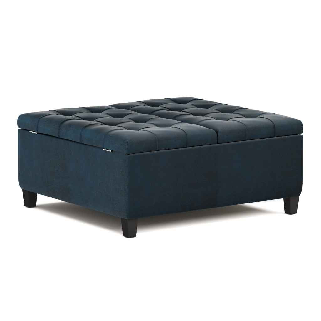 36" Blue and Espresso Leather Cocktail Ottoman With Storage
