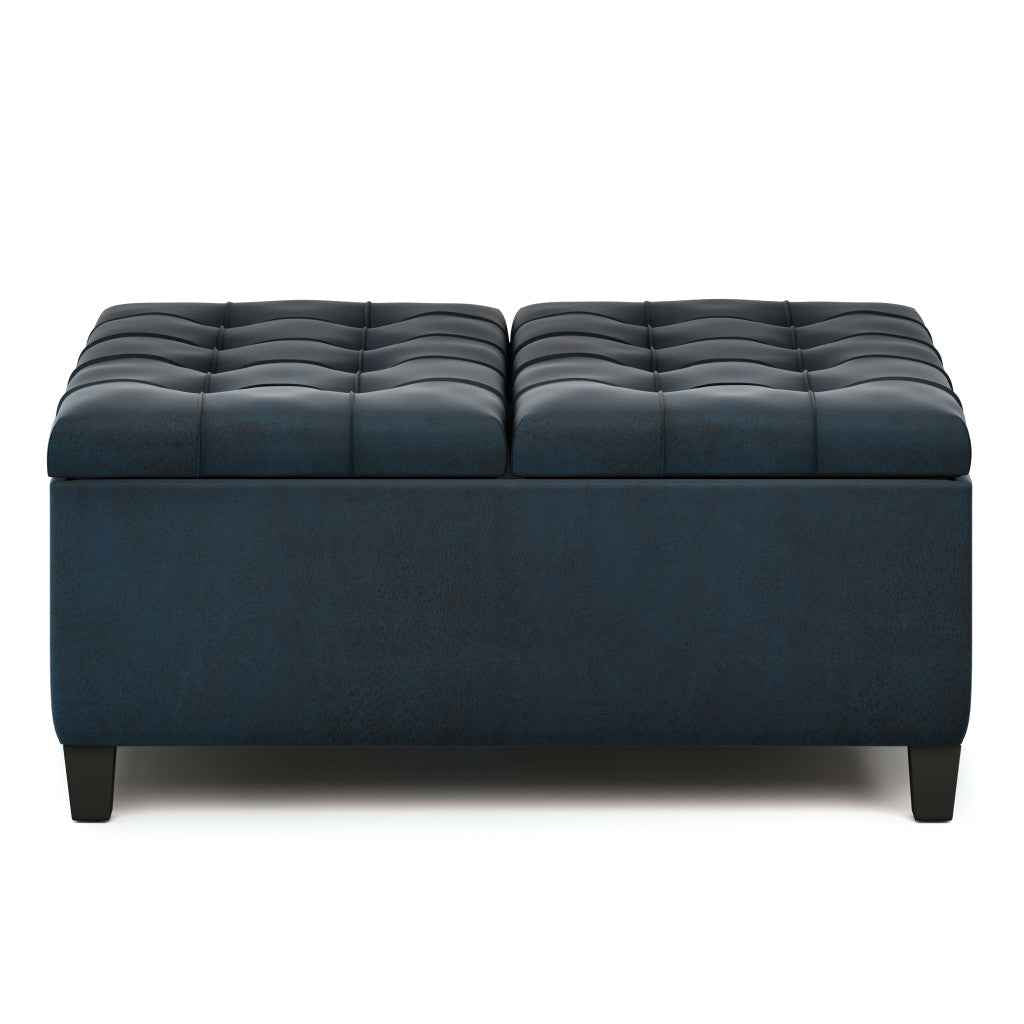 36" Blue and Espresso Leather Cocktail Ottoman With Storage