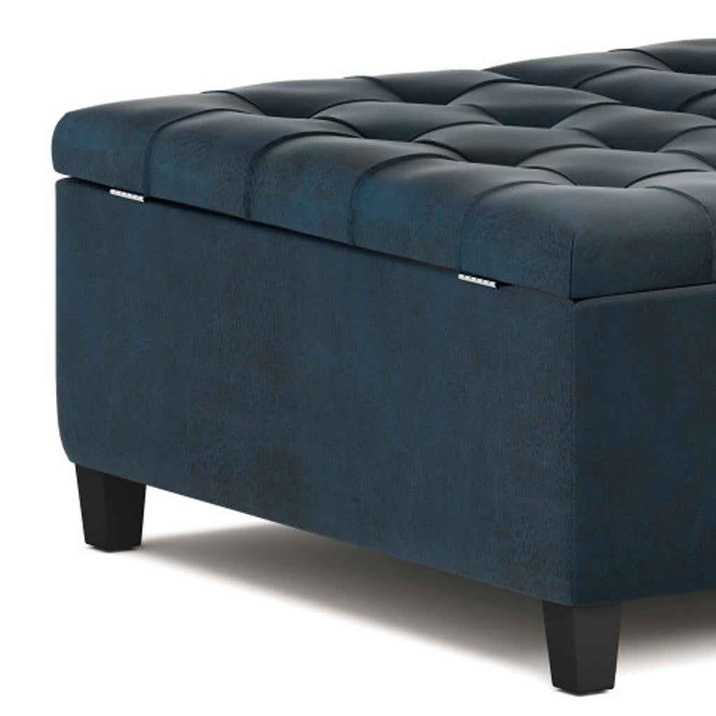 36" Blue and Espresso Leather Cocktail Ottoman With Storage