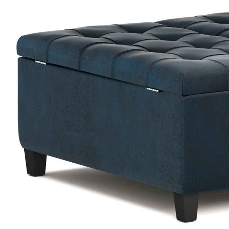 36" Blue and Espresso Leather Cocktail Ottoman With Storage