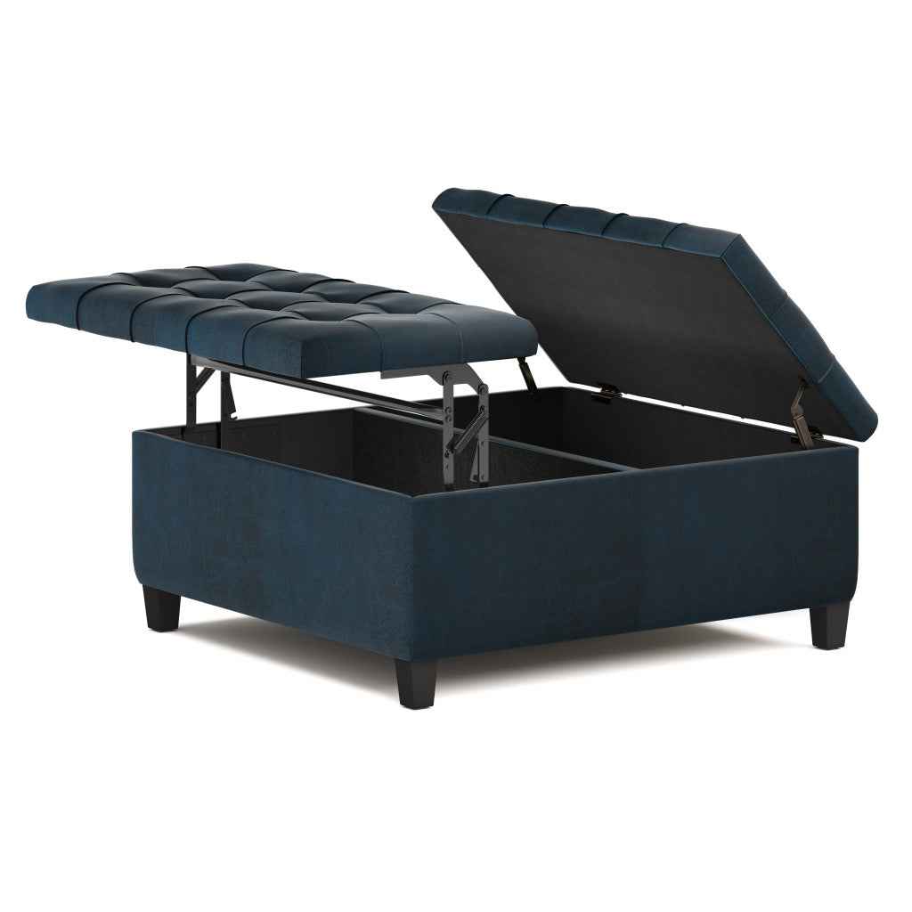 36" Blue and Espresso Leather Cocktail Ottoman With Storage