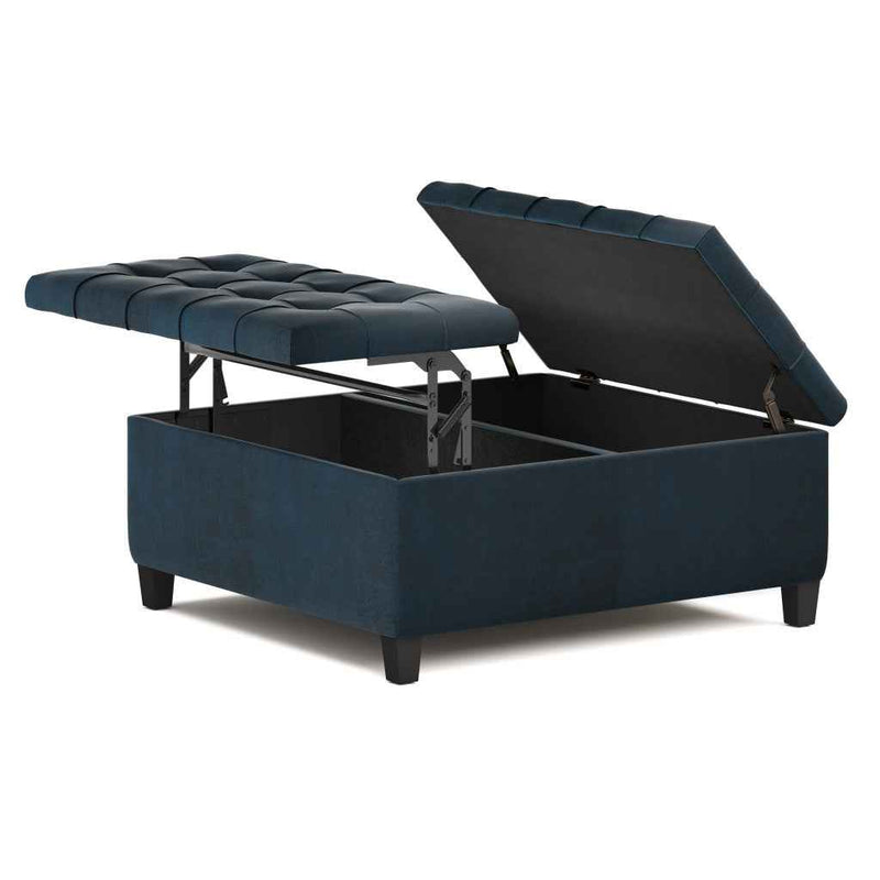 36" Blue and Espresso Leather Cocktail Ottoman With Storage