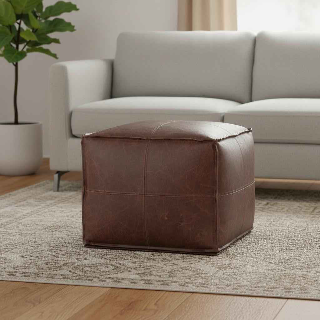 18" Brown Leather Pouf Ottoman