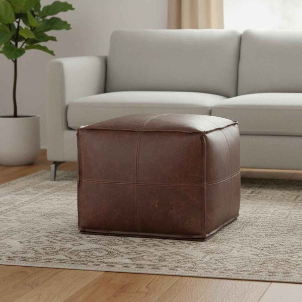 18" Brown Leather Pouf Ottoman