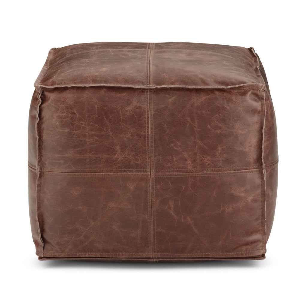 18" Brown Leather Pouf Ottoman