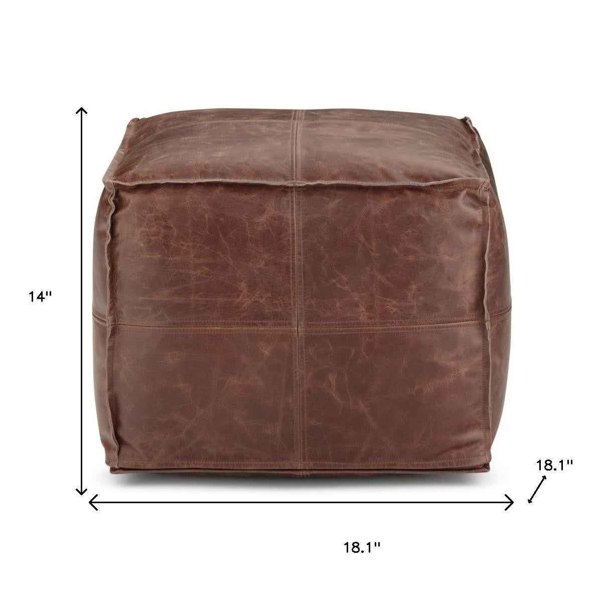 18" Brown Leather Pouf Ottoman