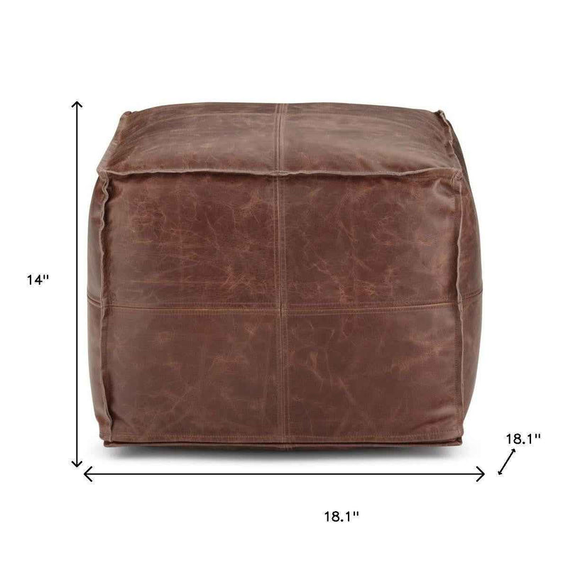 18" Brown Leather Pouf Ottoman