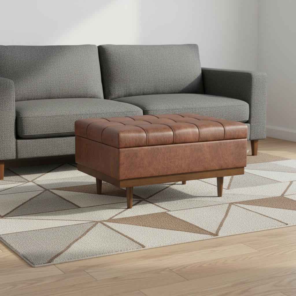 34" Walnut and Brown Upholstery Storage Ottoman