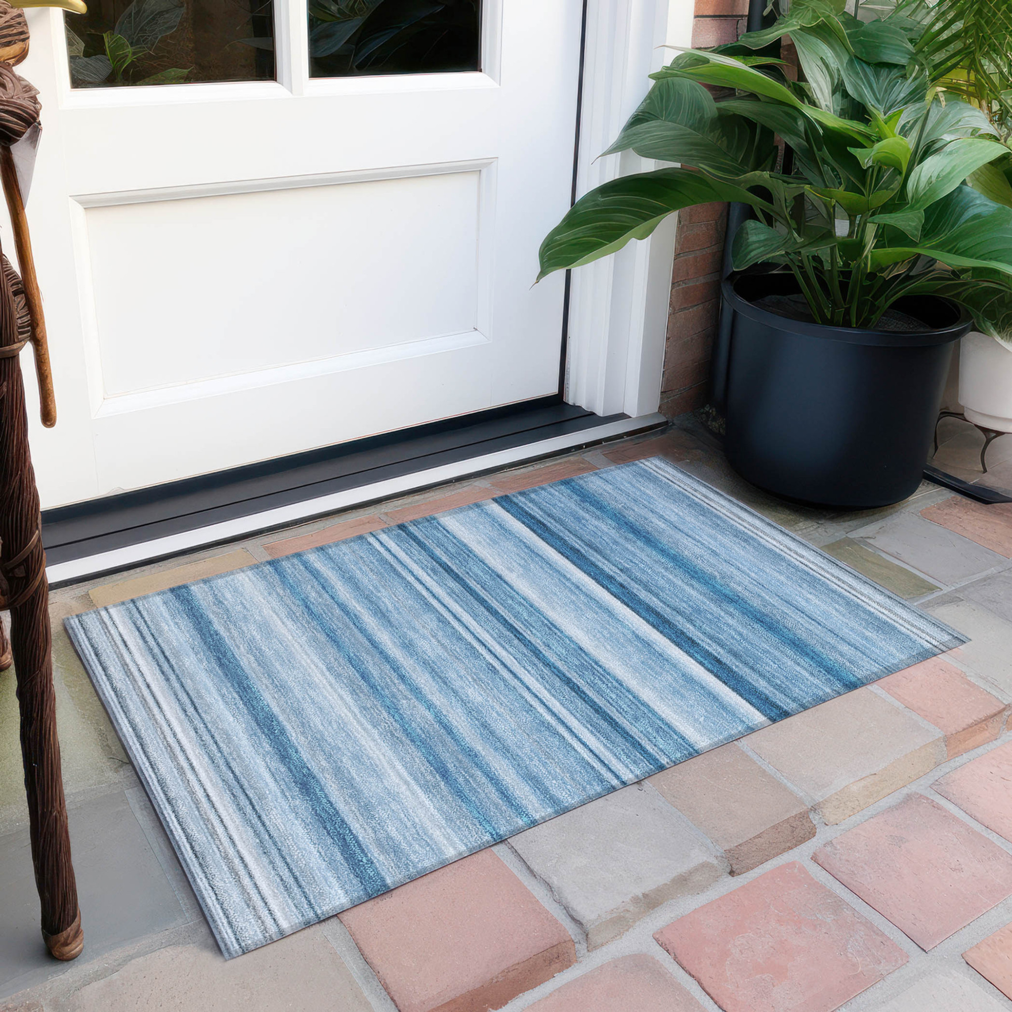 2' X 3' Blue Striped Washable Indoor Outdoor Area Rug - 1 - Sports & Outdoor