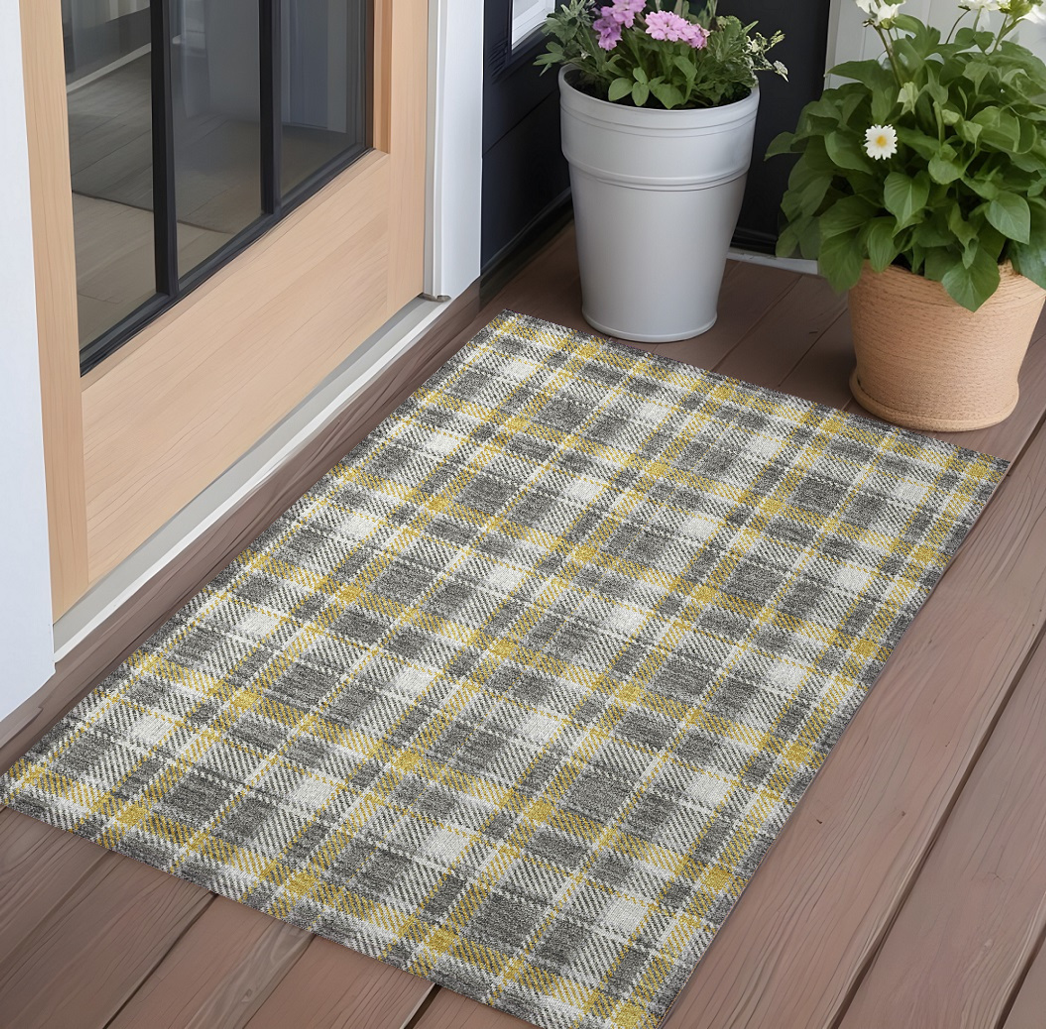 2' X 3' Gray Yellow and White Plaid Washable Non Skid Indoor Outdoor Area Rug - 1 - Sports & Outdoor