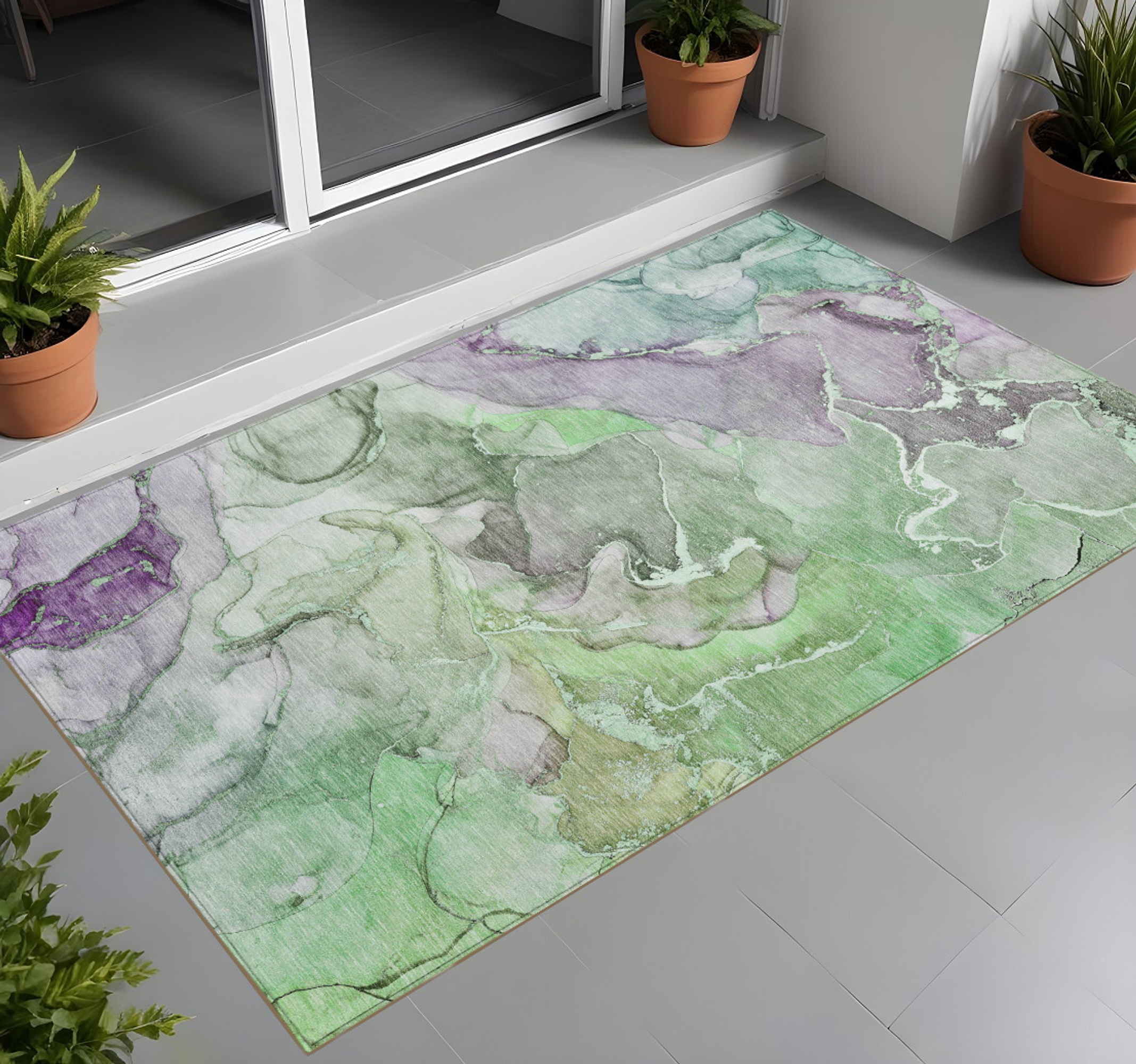 2' X 3' Green and Purple Abstract Washable Indoor Outdoor Area Rug - 1 - Sports & Outdoor