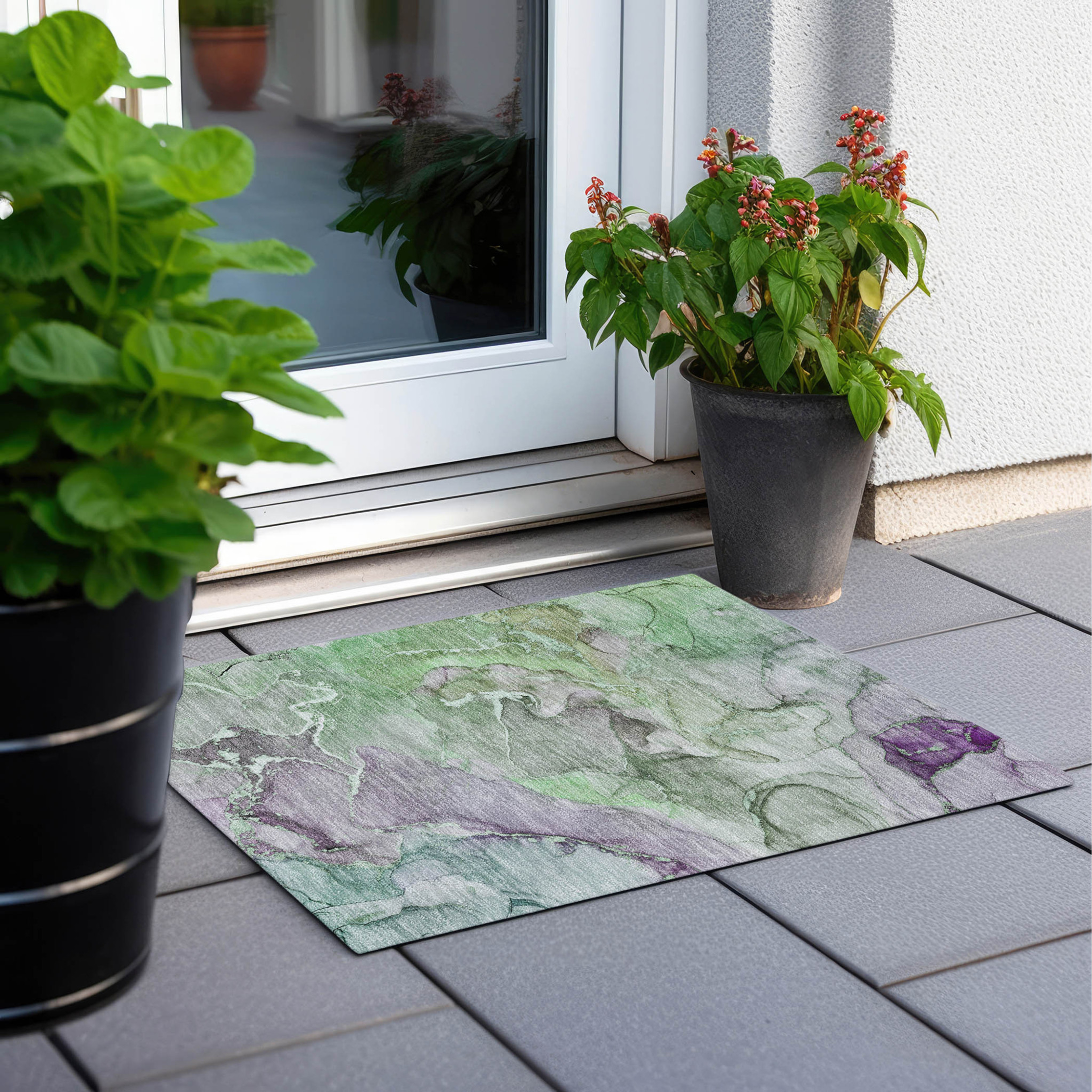 2' X 3' Green and Purple Abstract Washable Indoor Outdoor Area Rug - 1 - Sports & Outdoor