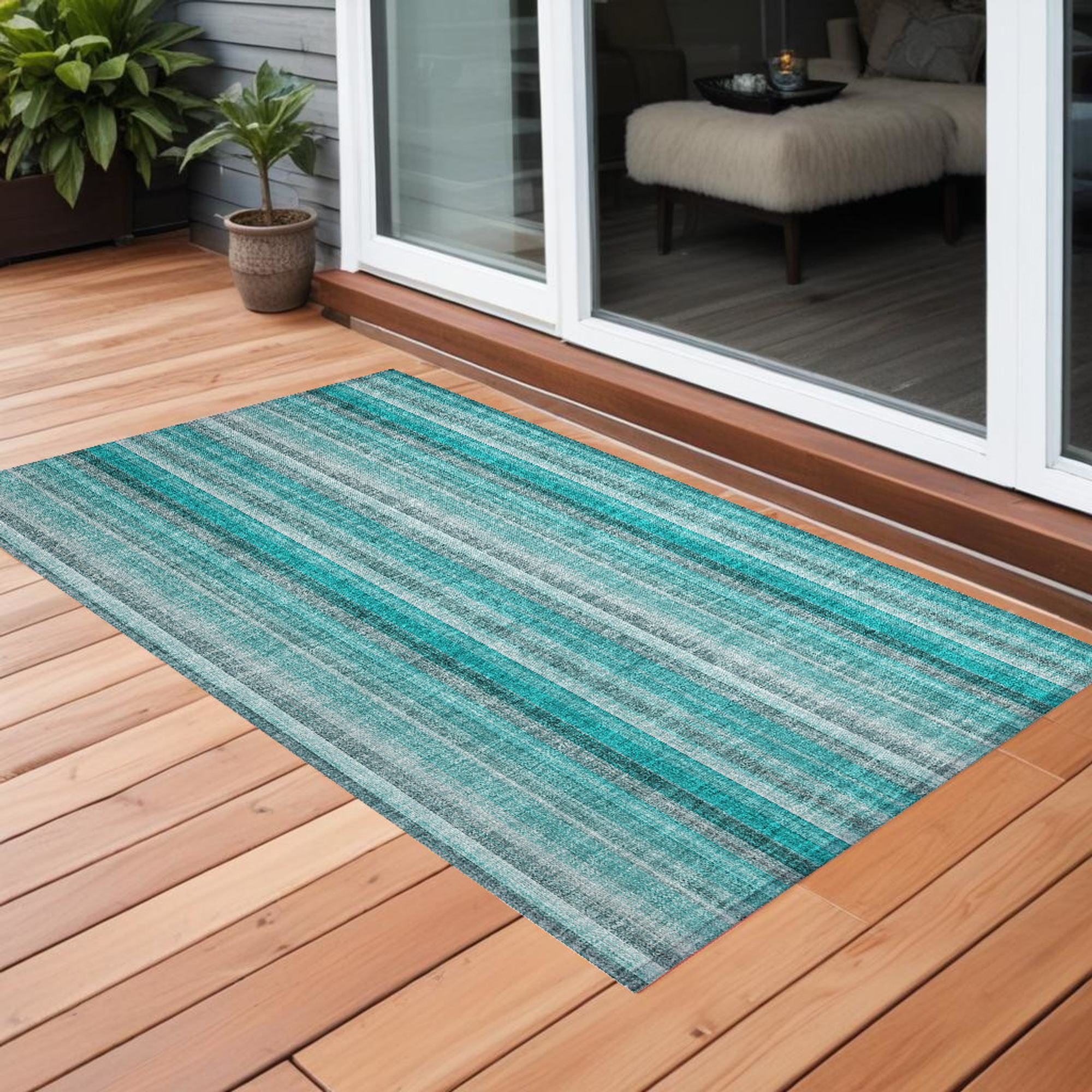 2' X 3' Teal and Gray Striped Washable Non Skid Indoor Outdoor Area Rug Sports & Outdoor