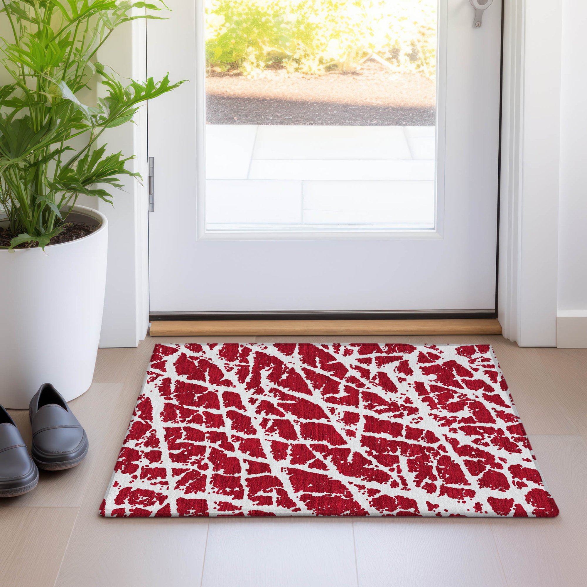 2' X 3' Red and White Abstract Washable Non Skid Indoor Outdoor Area Rug - 1 - Sports & Outdoor